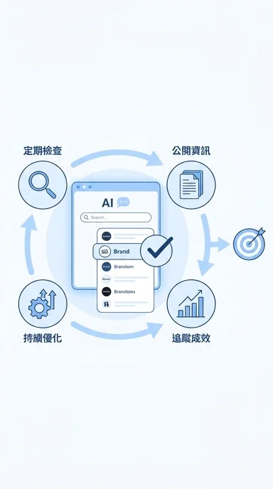 一張循環流程圖,中央為顯示 AI 搜尋介面並選取「Brand」的視窗,周圍環繞四個步驟:上方為「定期檢查」(圖示為放大鏡),右側為「公開資訊」(圖示為文件),下方為「追蹤成效」(圖示為上升趨勢圖),左側為「持續優化」(圖示為齒輪與向上箭頭),右端則連接一個標靶圖示,整體以藍白配色呈現。